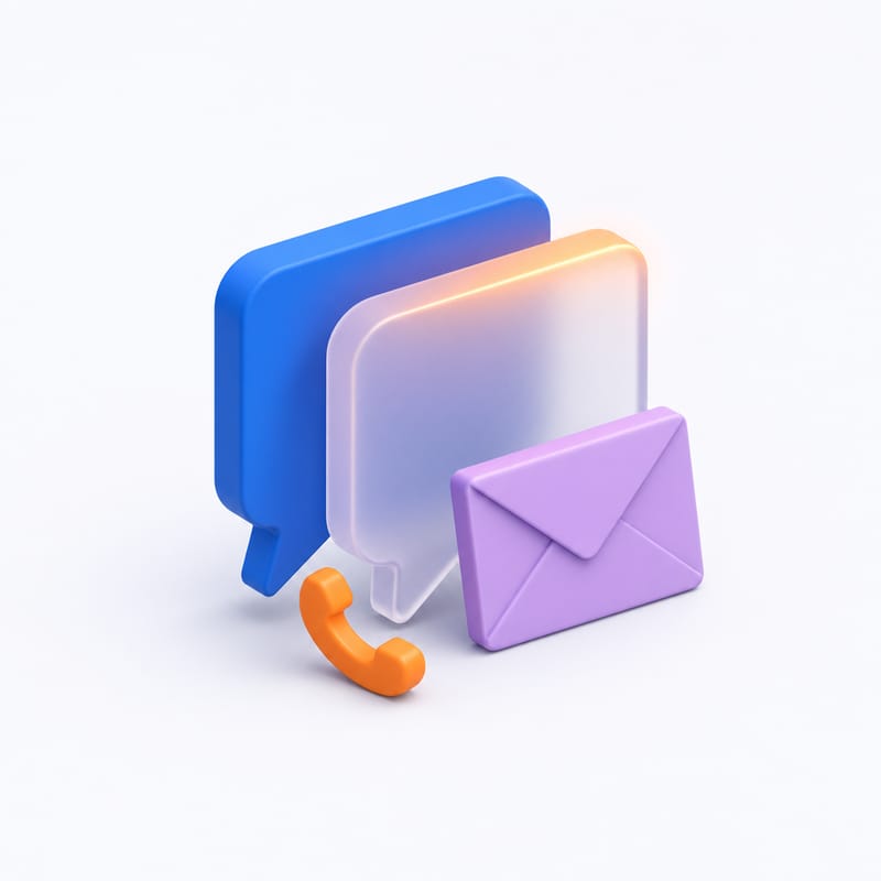 Chat bubbles, an envelope and a phone tile in brand colours