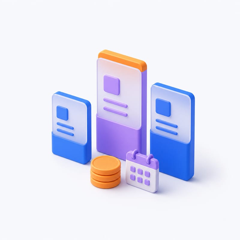 Coins, a plan card and a calendar in brand colours