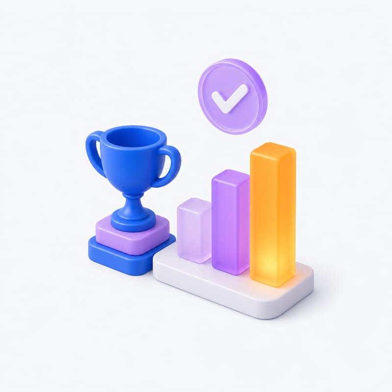 A trophy and a rising chart in brand colours