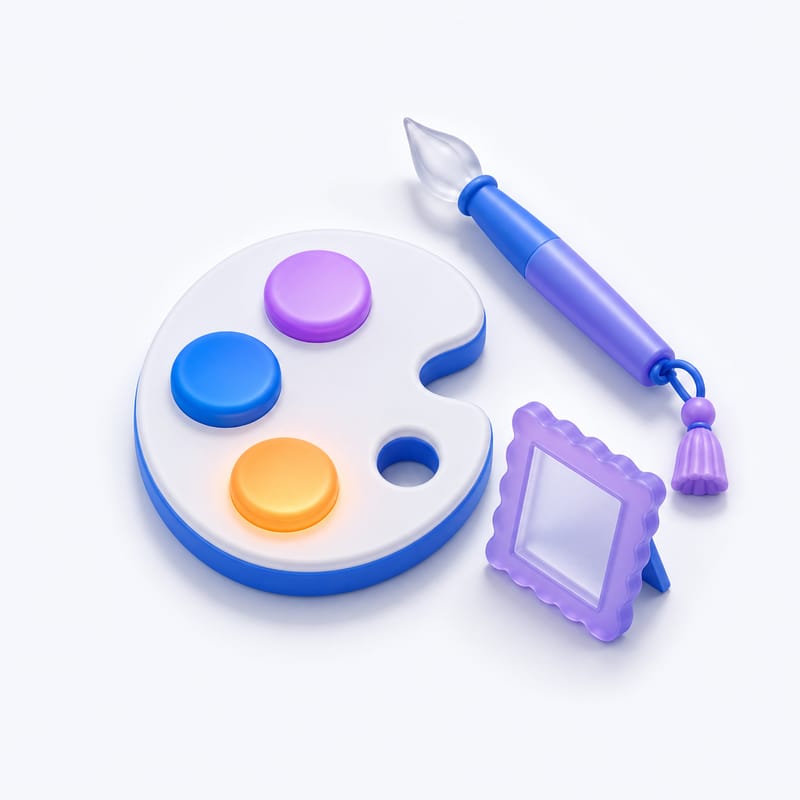A paint palette with colour dabs, a pen and a frame