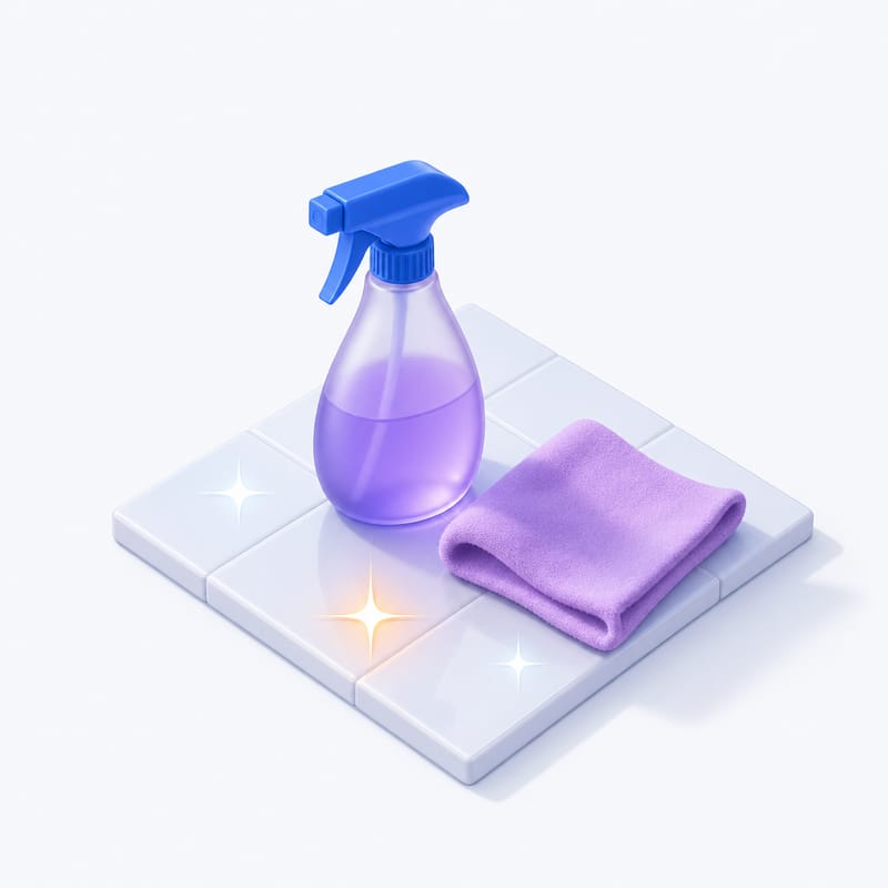 A spray bottle and cloth on a gleaming clean floor tile
