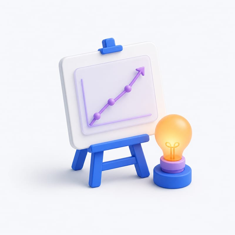 A presentation board on an easel with a glowing lightbulb