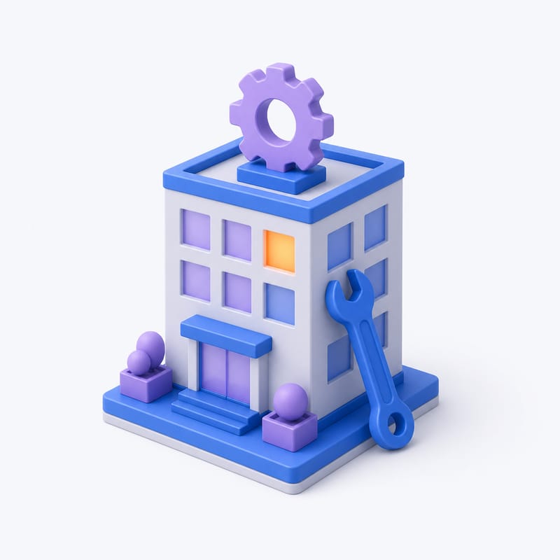An office building block with a gear and a wrench