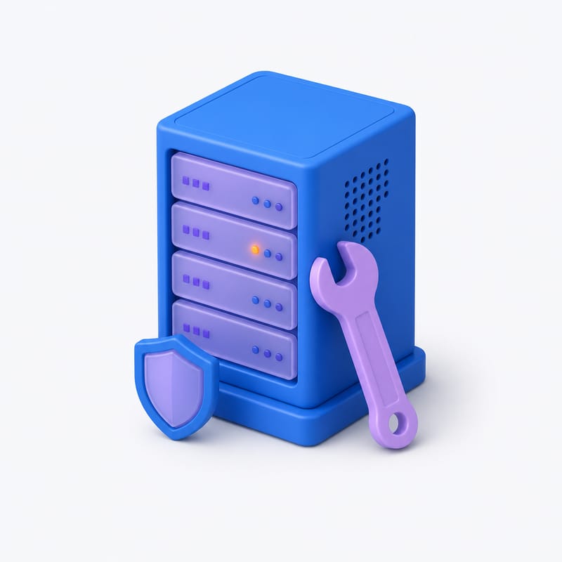 A server rack with a wrench and a shield badge