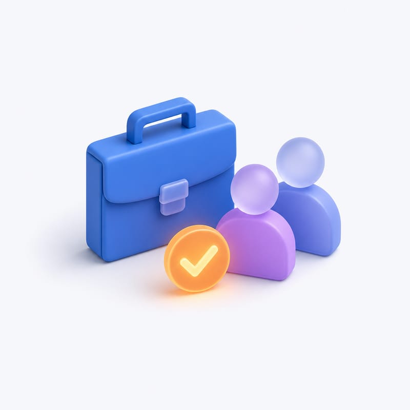 A briefcase beside two tokens with a glowing check badge