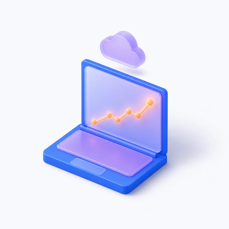 A laptop with a cloud above it and a rising sparkline