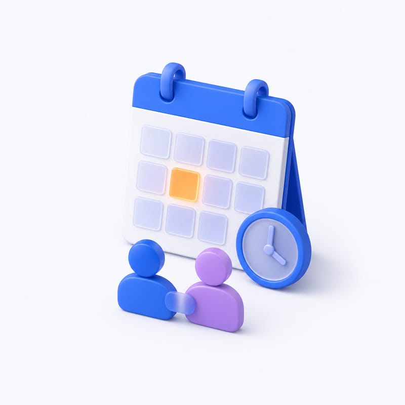 A calendar with one glowing slot, a clock and two tokens meeting