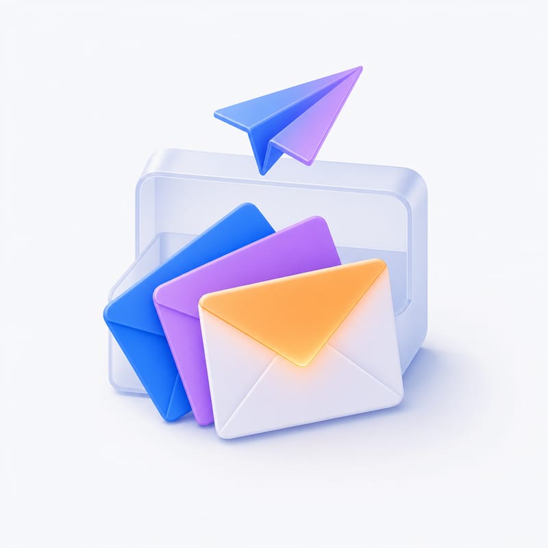 Three envelopes fanned out in front of an inbox tray, one glowing warm orange