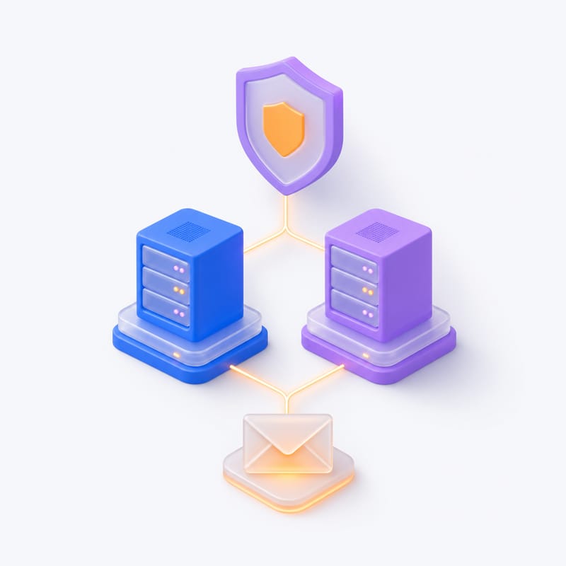 Two server towers with a shield badge connected to an envelope