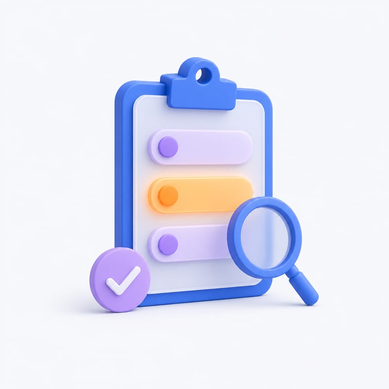 A clipboard with rows of entries, a magnifying glass and a check badge